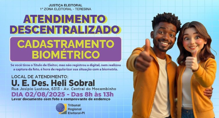 Atendimento descentralizado 1ª Zona Eleitoral - Teresina no Mocambinho Será neste sábado (2/8), das 8h às 13h, na Unidade Escolar Desembargador Heli Sobral, na Avenida...