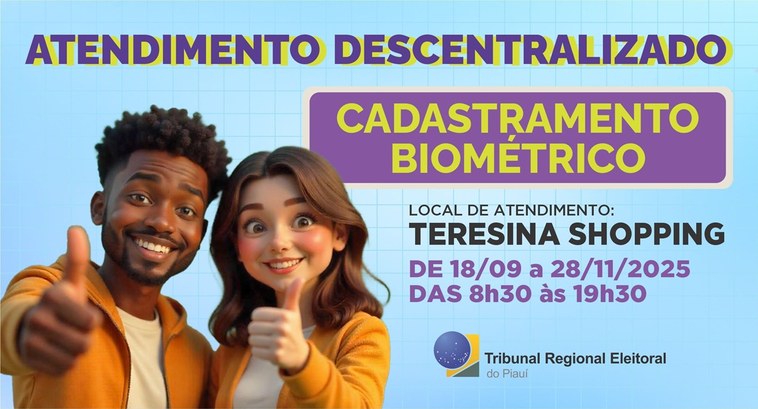 Biometria (foto e digitais) no shopping e atendimento descentralizado em Nazária Mais um ponto de atendimento da Justiça Eleitoral funcionará no Teresina Shopping, em frente ao ...