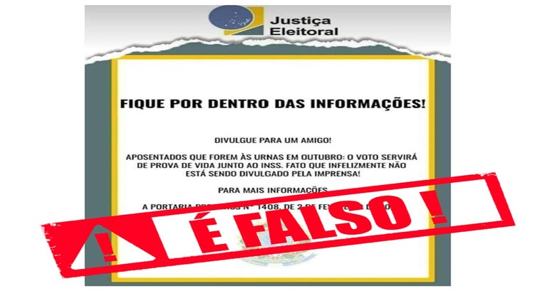 É FALSO que voto valerá como prova de vida nas Eleições 2024 A Justiça Eleitoral esclarece que são falsos informes que vêm circulando de que o voto servirá c...
