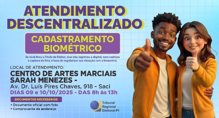 SACI: Justiça Eleitoral atenderá quinta e sexta no Centro Sarah Menezes Faça sua biometria (foto e digitais) e disponha dos demais serviços da Justiça Eleitoral nesta q...