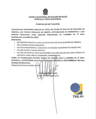 2ª Zona Eleitoral de Teresina cadastra servidores públicos para requisição 2ª Zona Eleitoral de Teresina cadastra servidores públicos para requisição